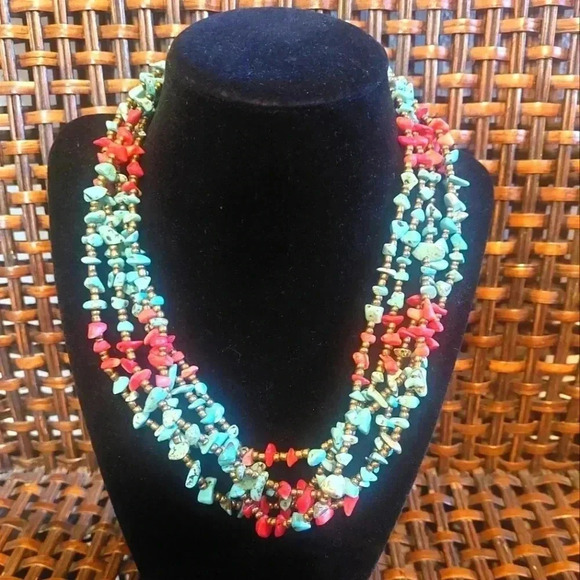 unbranded Jewelry - 5 strand red coral? and turquoise? necklace 17" - 21" With Extention